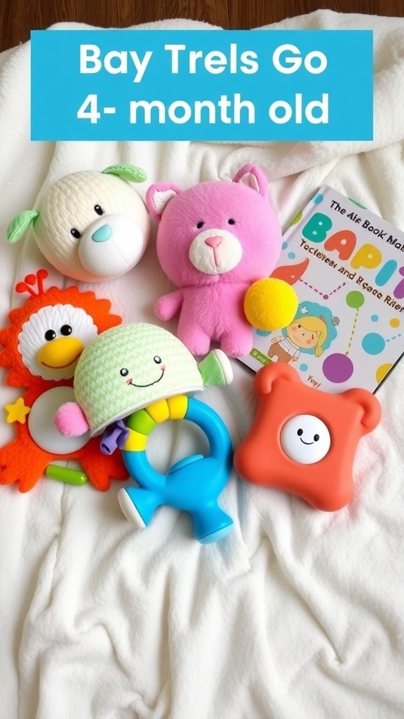 An array of baby toys including plush animals, rattles, and teething rings on a soft blanket.